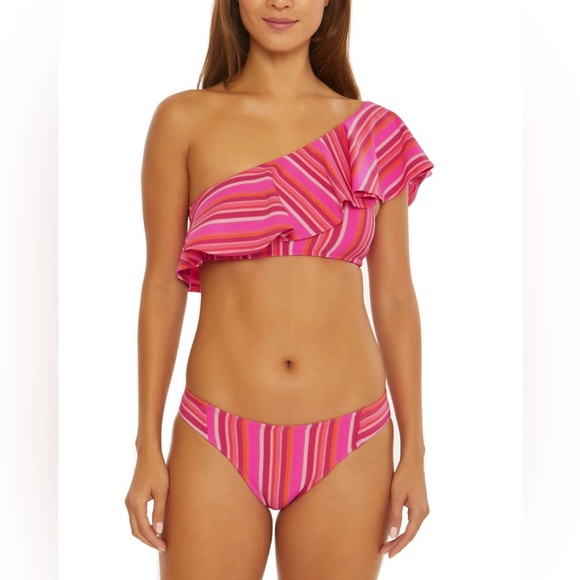 TRINA TURK Marai Ruffle Top & Hipster Bottom Bikini Set / Pink Stripe, Size 10 - Picture 11 of 13